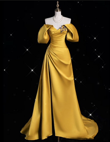 A line Off The Shoulder Yellow Satin Party Dress Long Prom Dress Evening Dresses SD1848